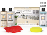 Retique It® Wood'n Finish Kit in White Wash stain shown on a wooden tabletop with a box of staining supplies.