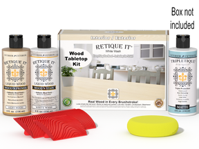 Retique It® Wood'n Finish Kit in White Wash stain shown on a wooden tabletop with a box of staining supplies.