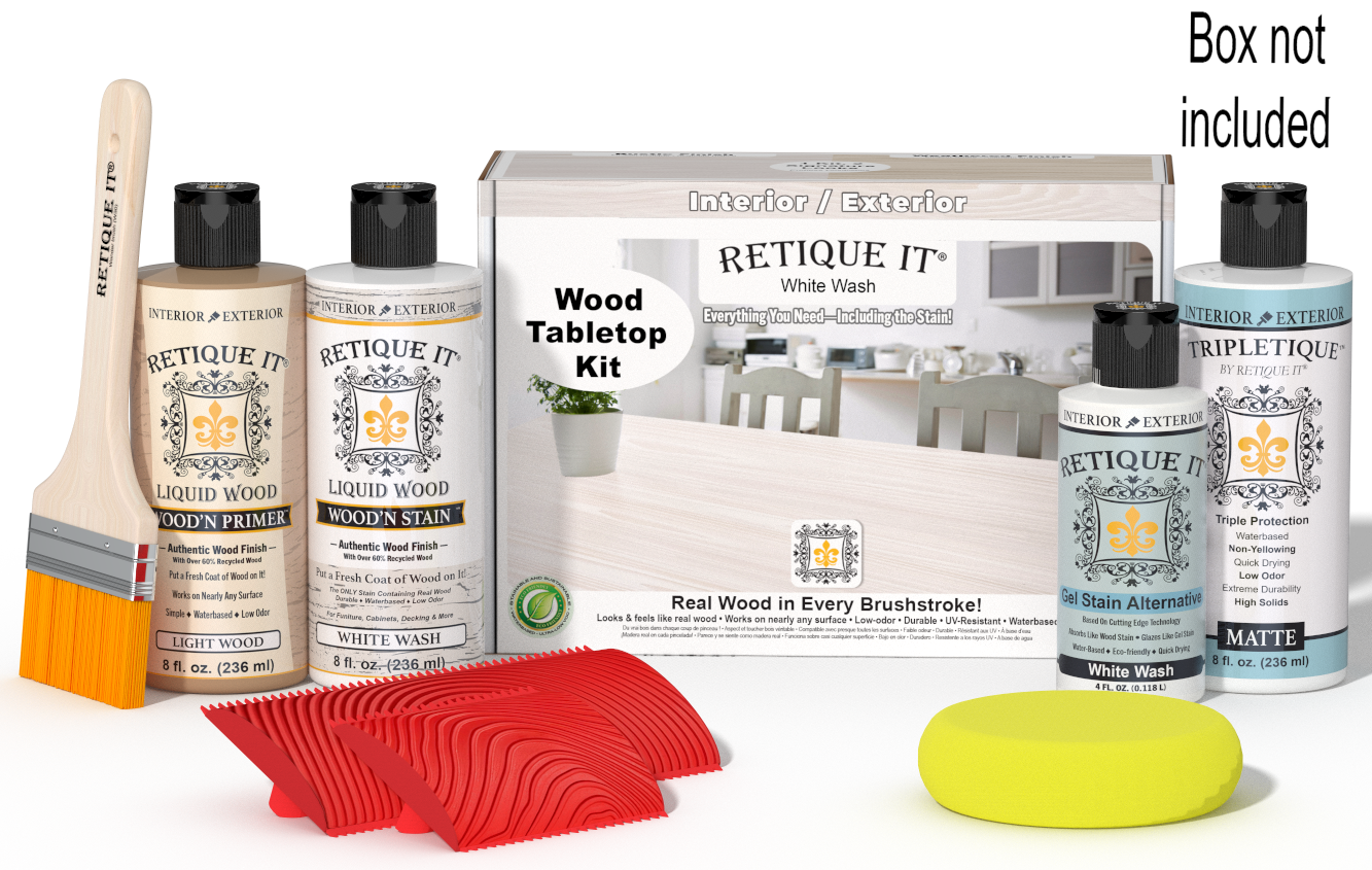 Retique It® Wood'n Finish Kit in White Wash for tabletops, includes stain and applicator for a distressed wood look.