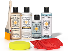 Retique It® Wood'n Finish Kit White Wash stain for tabletops, showing wood surface with light white wash finish and stain applicator