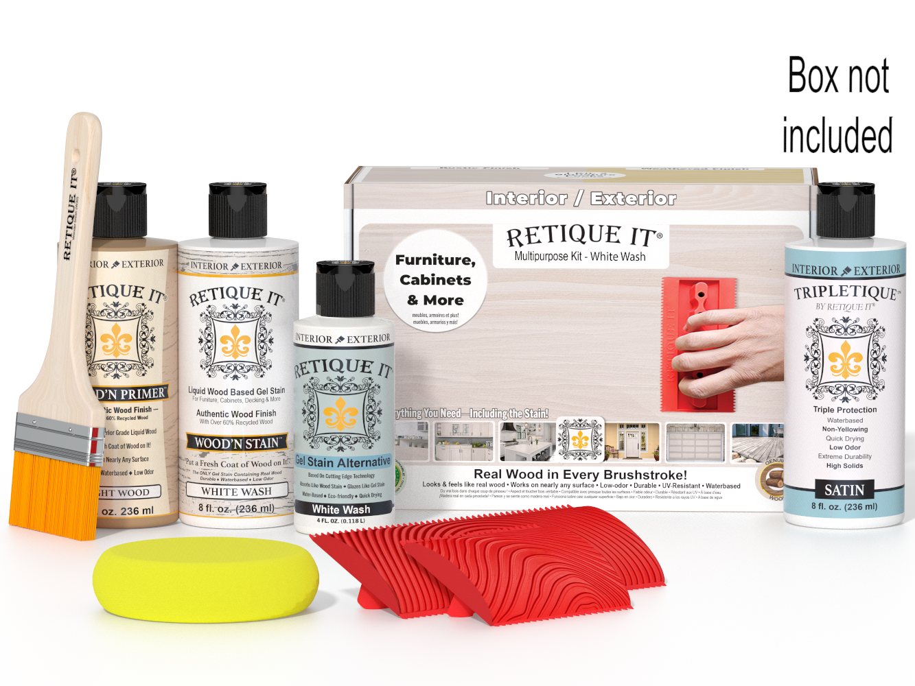 Retique It furniture care products including bottles, a brush, and a box on a white background.
