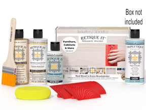 Retique It furniture care products including bottles, a brush, and a box on a white background.