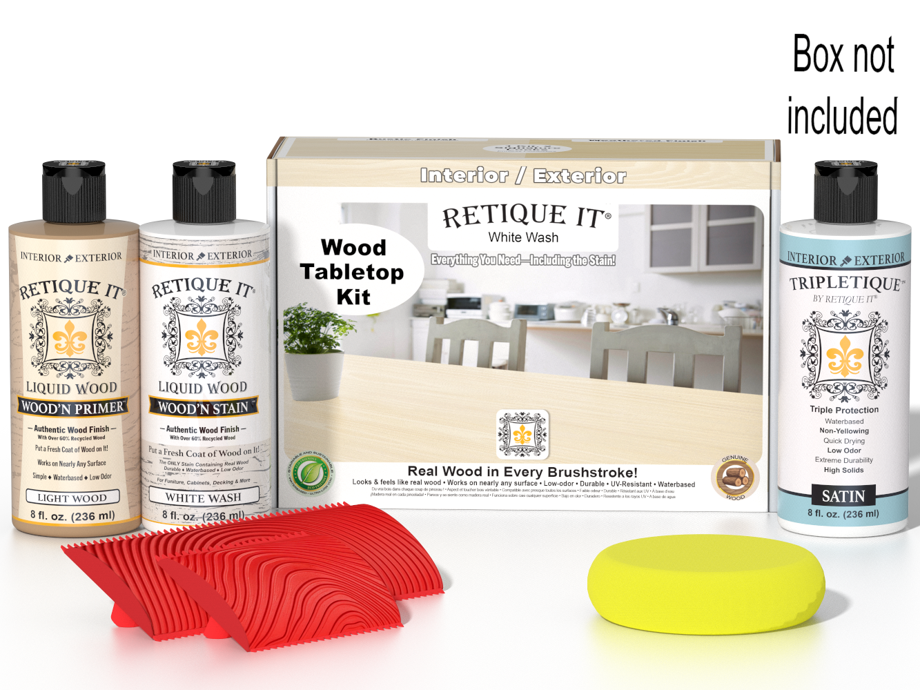 Retique It® Wood'n Finish Kit in White Wash stain, featuring a tabletop with a whitewashed wood finish and stain bottles.