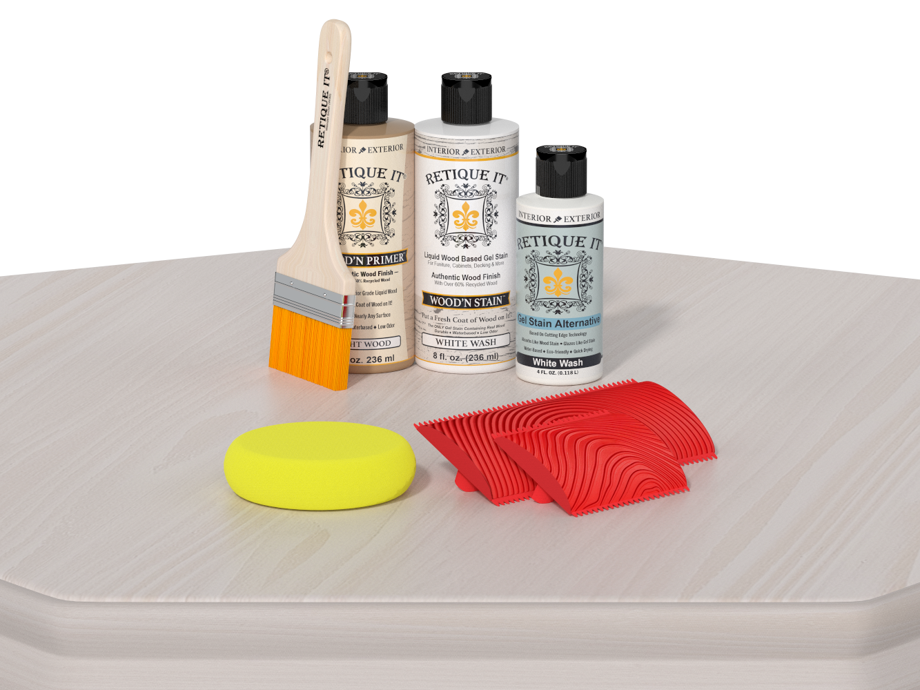 Set of wood care products including bottles, a brush, and sponges on a white surface.