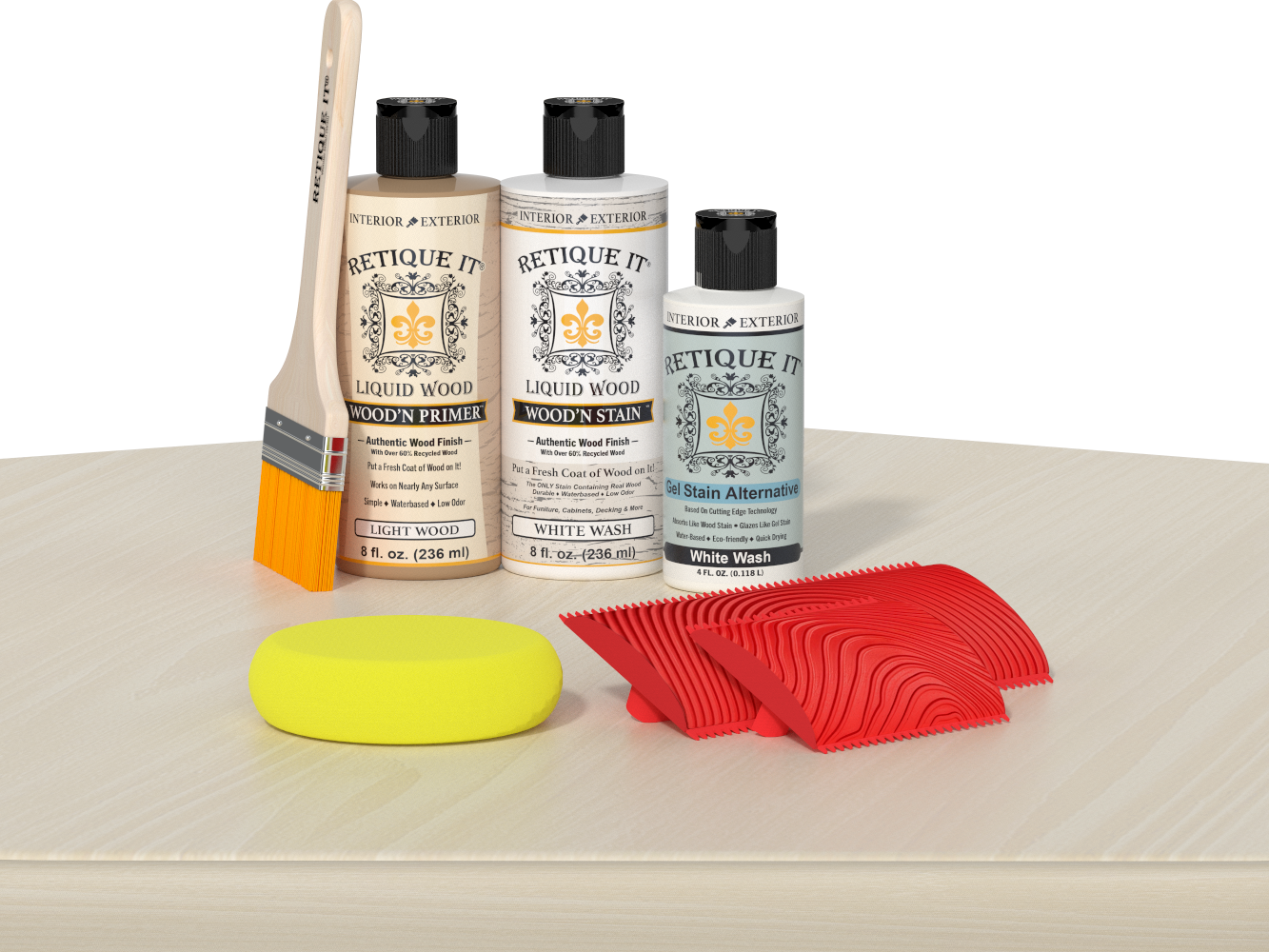 Retique It® Wood'n Finish Kit in White Wash stain, featuring bottles of wood stain and finishing supplies on a tabletop.