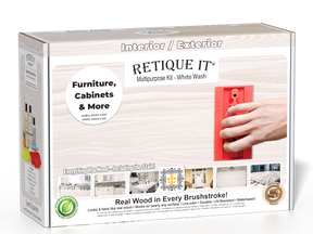 Retique It® White Wash Multipurpose Kit retail box featuring a White Wash wood finish, red graining tool demonstration, and furniture, cabinets & more project imagery.