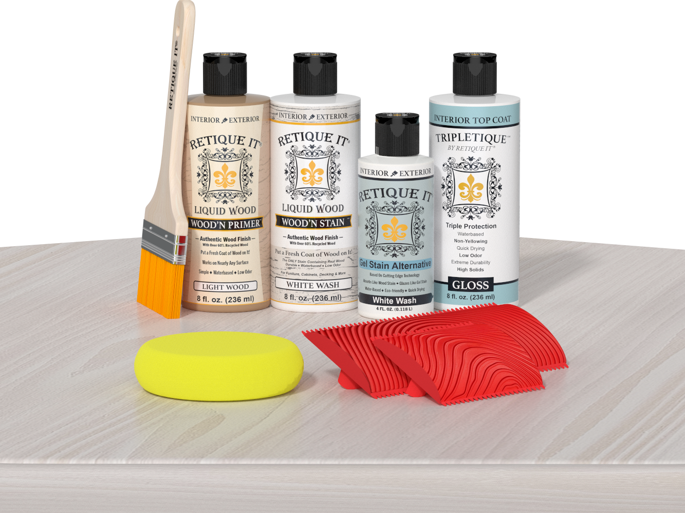 Retique It® White Wash Wood'n Kit with Light Wood primer, White Wash stain, White Wash gel stain alternative, Gloss Tripletique® Top Coat, brush, red graining tool, and yellow sponge.