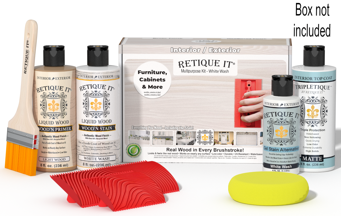 Retique It® White Wash Multipurpose Kit with Light Wood primer, White Wash stain, White Wash gel stain alternative, Matte Tripletique® Top Coat, brush, red graining tool, yellow sponge, and product box.