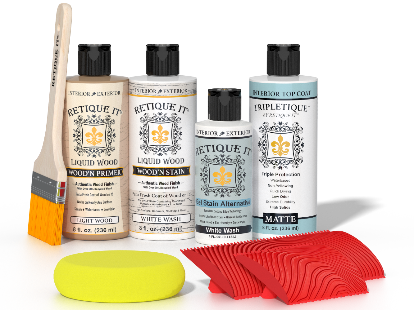 Retique It® White Wash Wood'n Kit with Light Wood primer, White Wash stain, White Wash gel stain alternative, Matte Tripletique® Top Coat, brush, red graining tool, and yellow sponge.