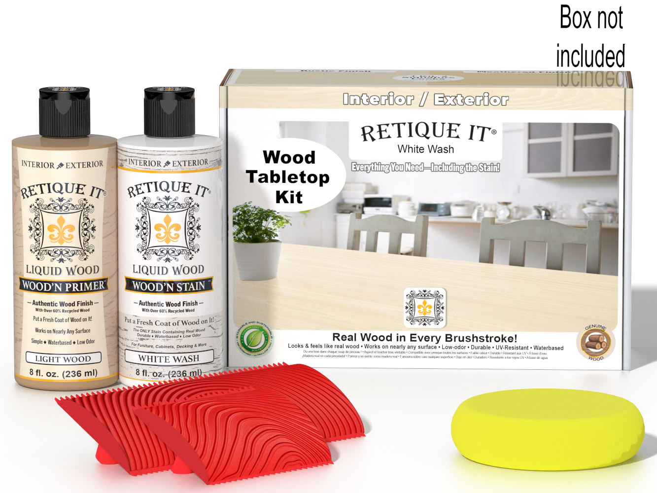 Retique It® Wood'n Finish Kit in White Wash stain for tabletops, showing the kit box and wood stain application.