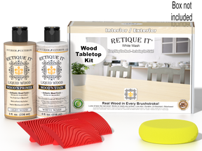 Retique It® Wood'n Finish Kit in White Wash stain for tabletops, showing the kit box and wood stain application.