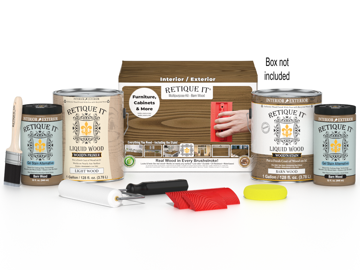Retique It® Wood'n Finish Kit in Barn Wood, multi-purpose kit with four large wood finishing tools and accessories.