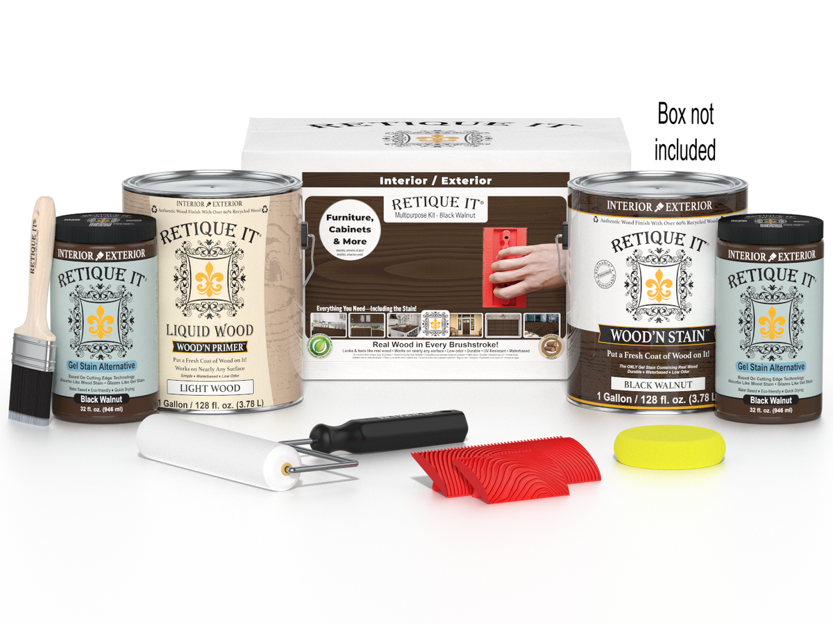 Retique It wood stain and finish products with packaging on a white background