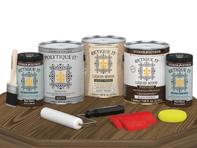 Retique It® Wood'n Finish Kit in black walnut with matte top coat, featuring four large wood finishing products for exterior use.
