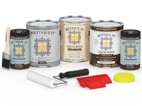 Retique It® Wood'n Finish Kit in black walnut with matte exterior top coat, including four large containers of wood finish for exterior projects.