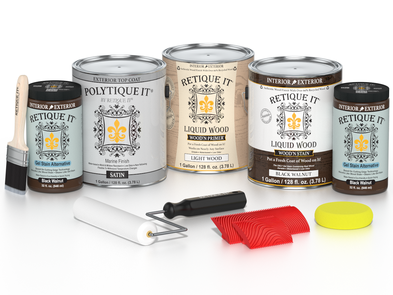Black Walnut Wood'n Finish Kit by Retique It® including four large exterior top coat bottles for wood finishing projects.