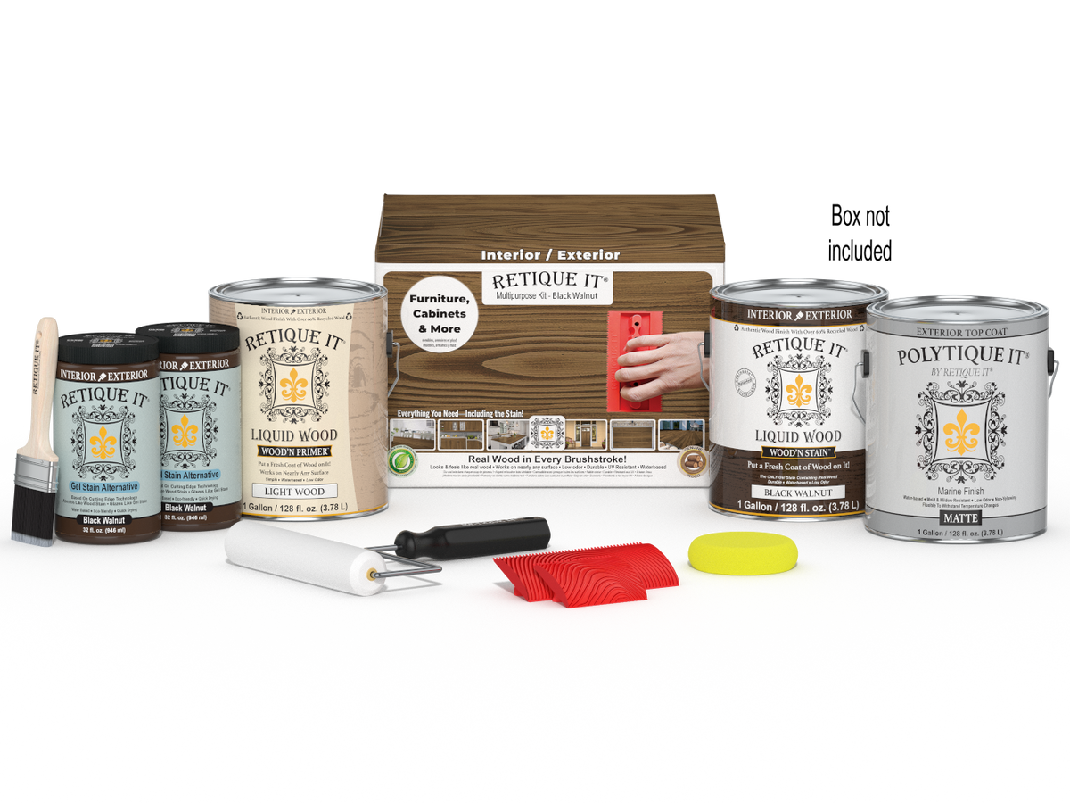 Retique It® Wood'n Kit with four black walnut exterior top coat finish bottles and applicator box for multi-purpose wood finishing.
