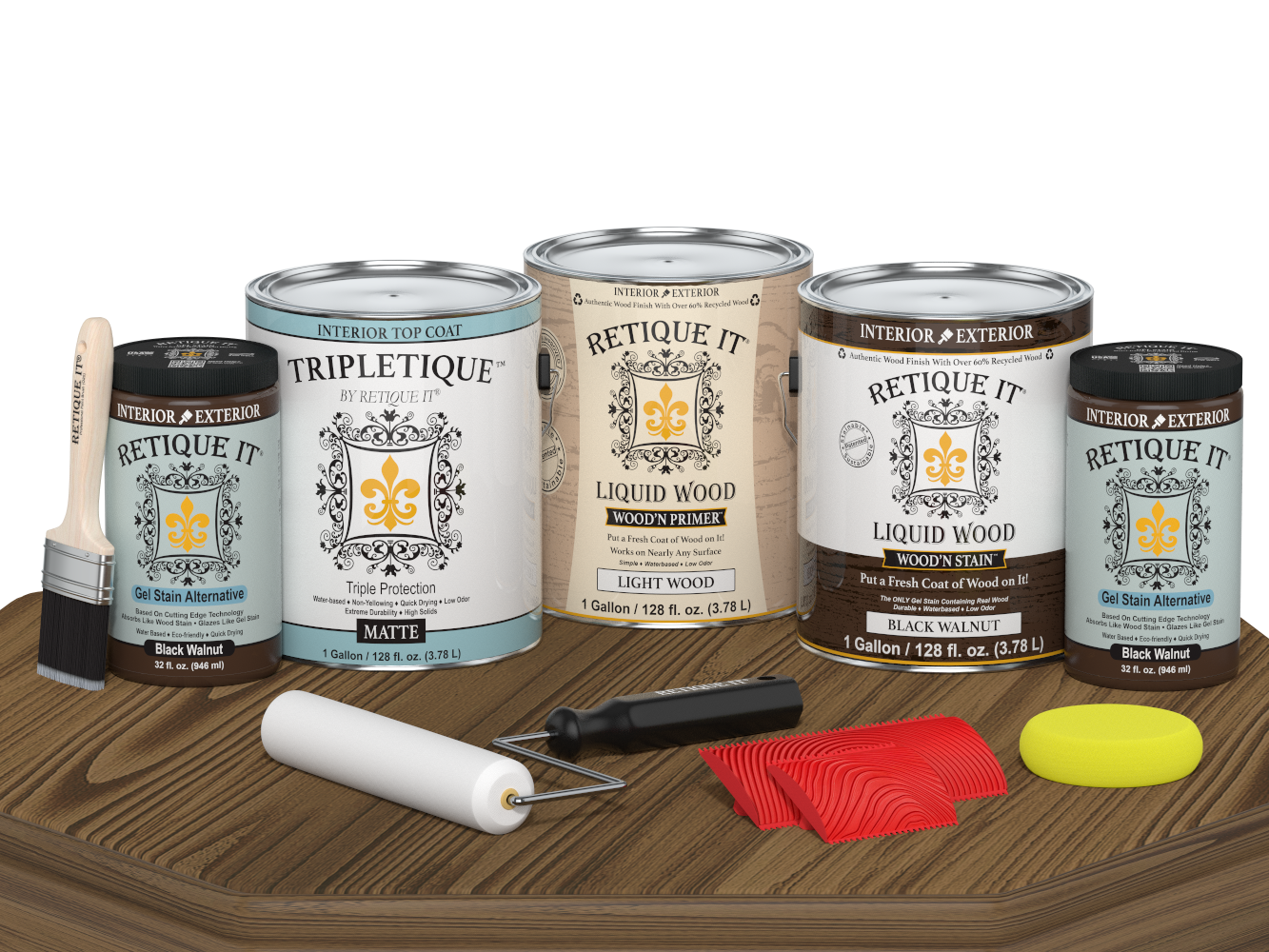 Black Walnut Wood'n Finish Kit by Retique It®, multi-purpose interior top coat set with four large containers on a table.