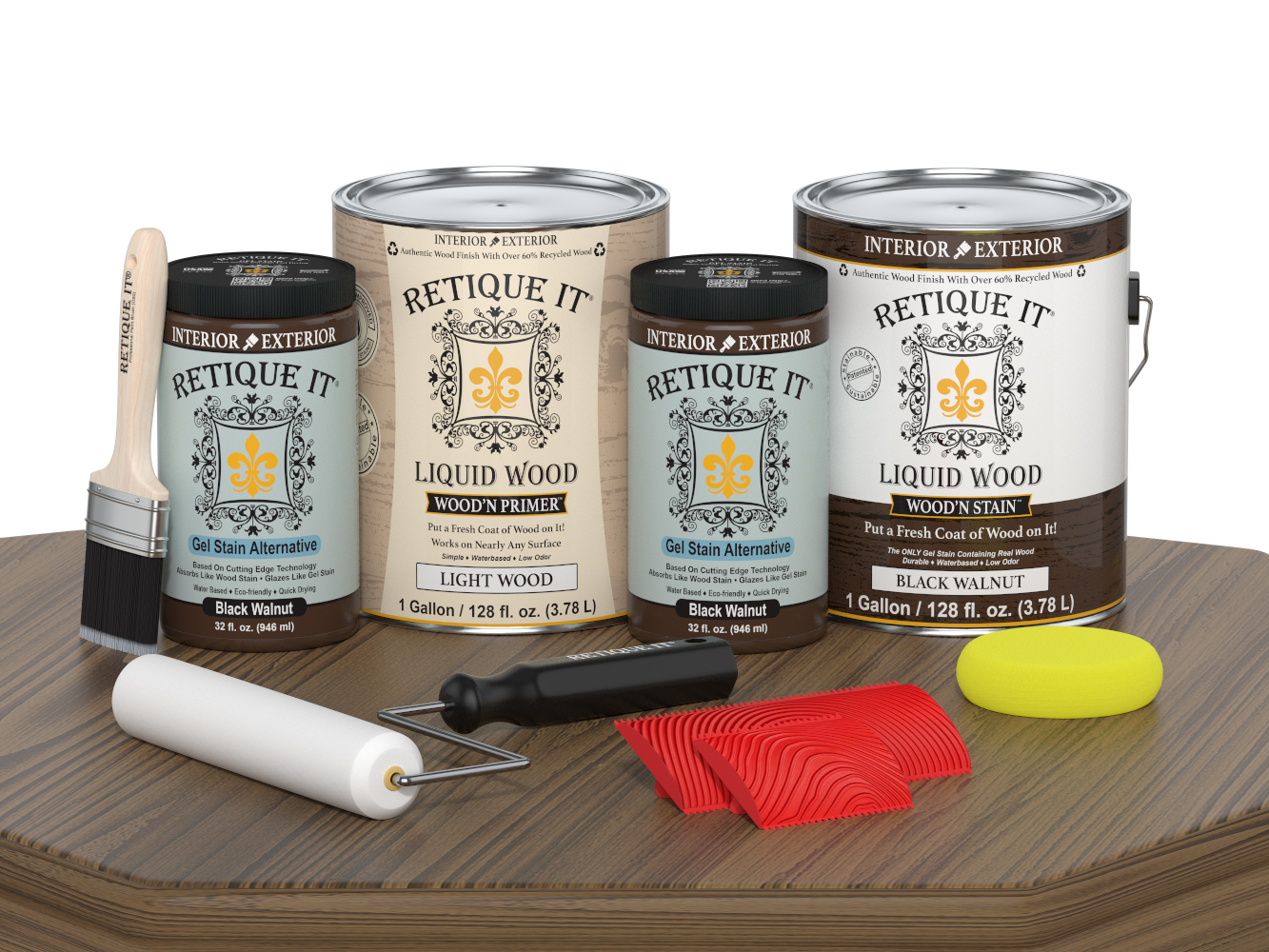 Retique It® Wood'n Finish Kit in black walnut with four large bottles, designed for multi-purpose wood finishing projects.