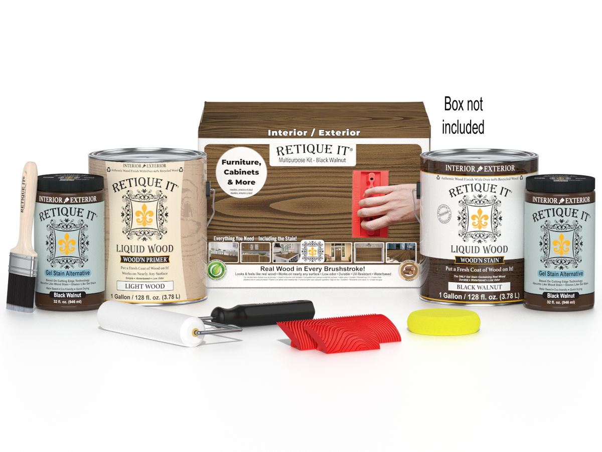 Retique It® Wood'n Finish Kit in black walnut, multi-purpose wood finishing set with four large bottles and application tools.