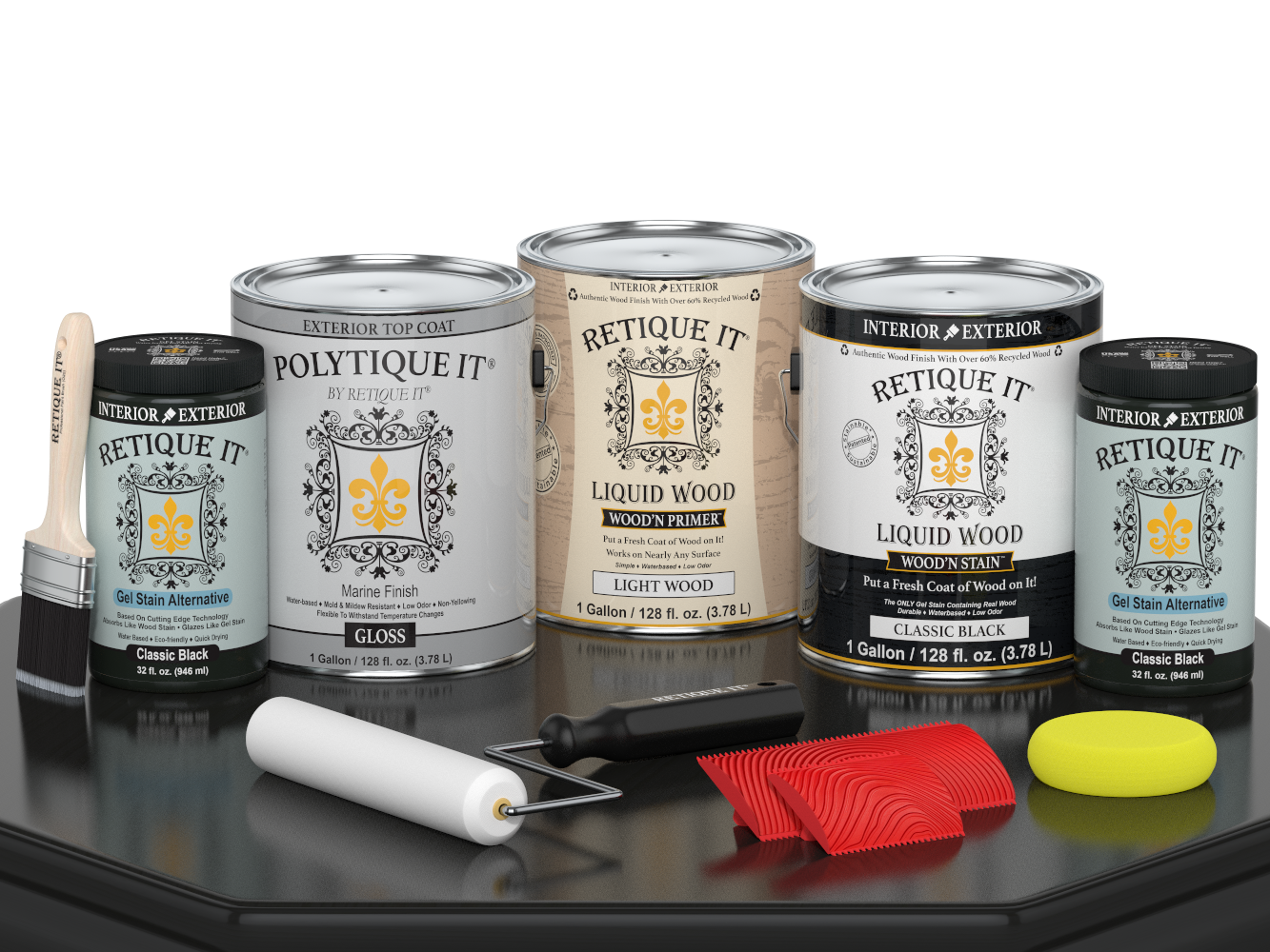 Gloss black Multi-purpose Wood'n Kit by Retique It® for interior wood finishing, includes four large bottles of top coat.