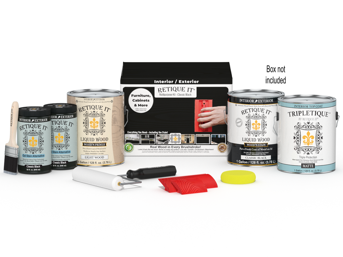 Retique It® Wood'n Finish Kit in classic black with four large interior top coat bottles and applicator brushes.