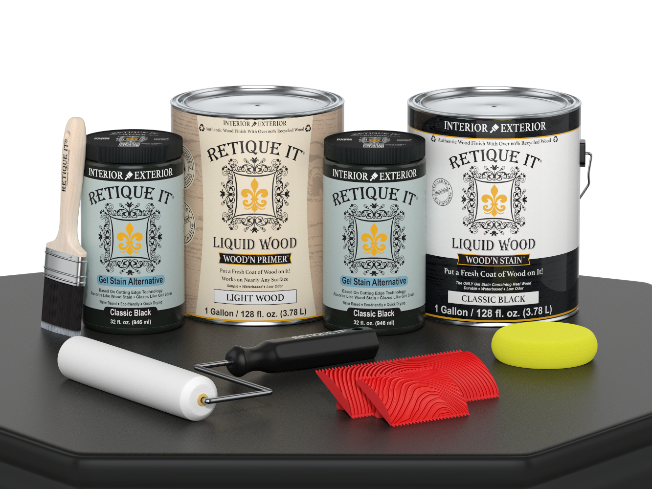 Retique It® Wood'n Finish Kit in Classic Black with four large bottles, displayed on a wooden table for multi-purpose wood finishing.