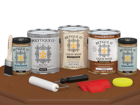 Retique It® Wood'n Kit Cedar exterior top coat with four large matte finish wood treatment plates for outdoor wood protection.