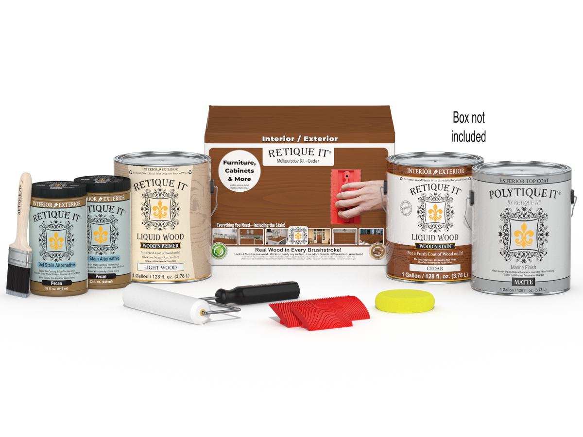 Retique It® Wood'n Finish Kit Cedar exterior top coat with four large containers and applicator tools in a box for wood finishing.