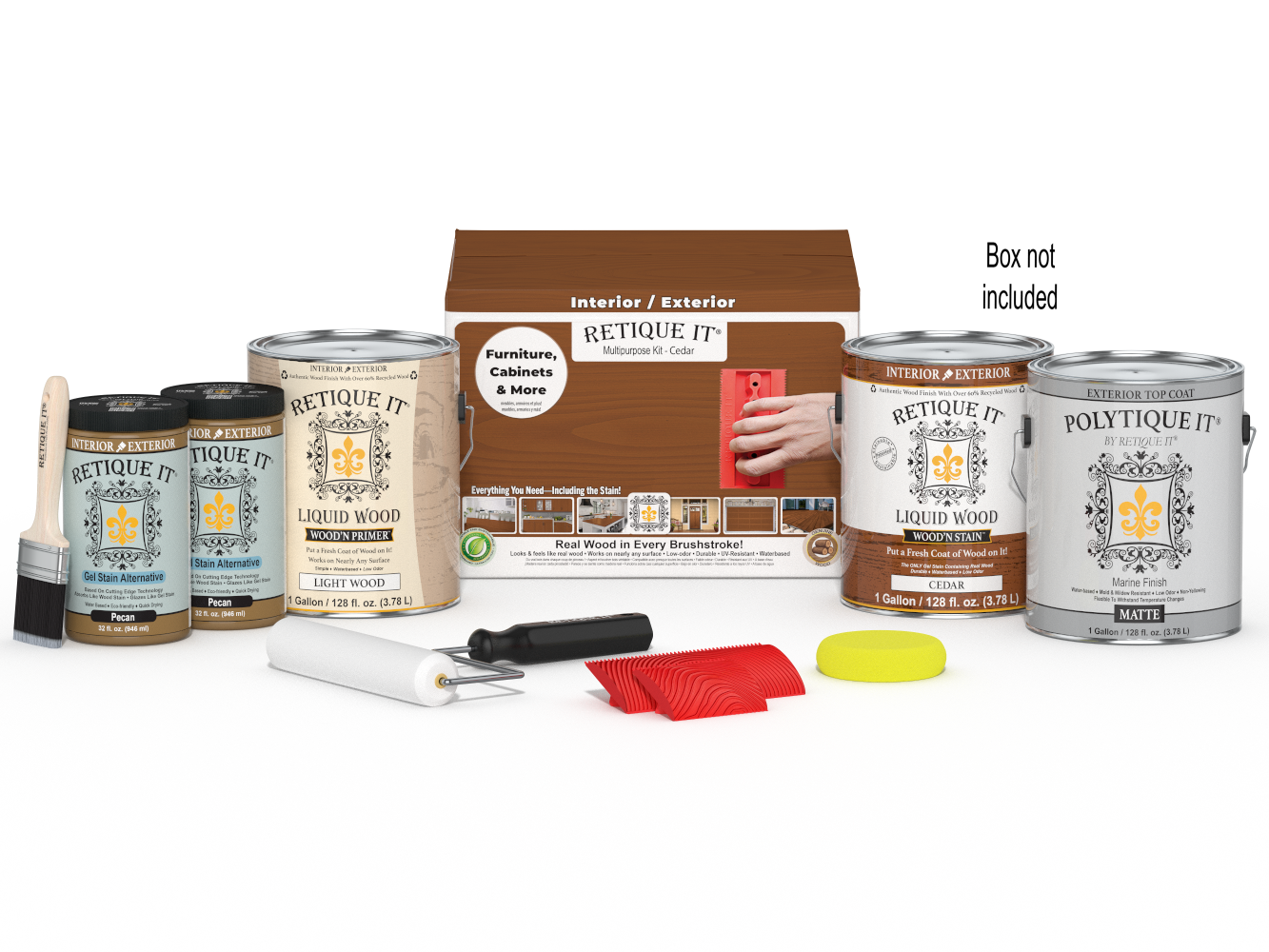 Retique It® Wood'n Kit cedar exterior top coat with four large wood finish bottles and applicator tools in a box.