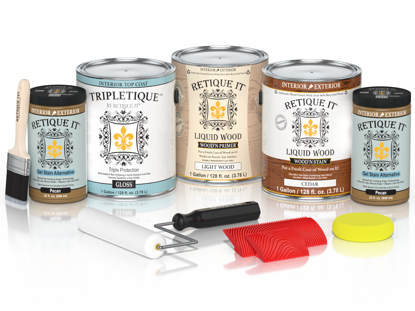 Retique ItÂ® Wood'n Finish Kit with four large cedar interior top coats, featuring a glossy wood finish for home interior projects.