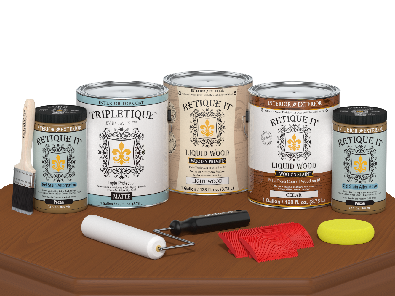 Retique ItÂ® Wood'n Kit Cedar interior top coat set with four large bottles, matte finish, suitable for wood furniture and surfaces.