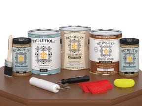 Retique ItÂ® Wood'n Finish Kit in cedar, interior top coat, with four large satin wood finish bottles and application tools.