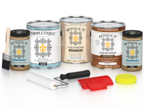 Retique ItÂ® Wood'n Finish Kit Cedar interior top coat set with four large satin wood finish containers on a white background.
