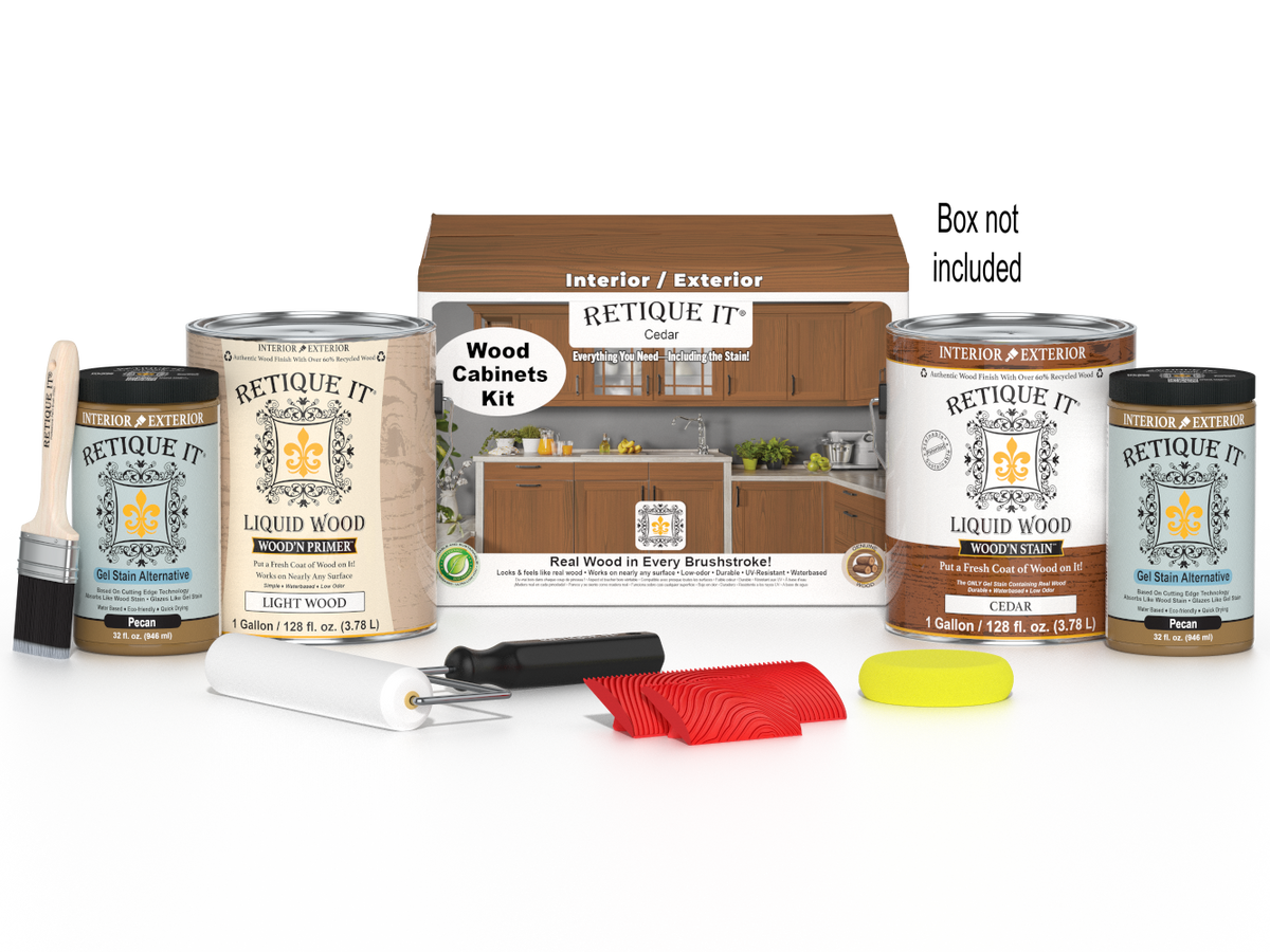 Retique It® Wood'n Cabinet Kit in cedar with stained 48 grained cabinet doors, shown with box and installation details.