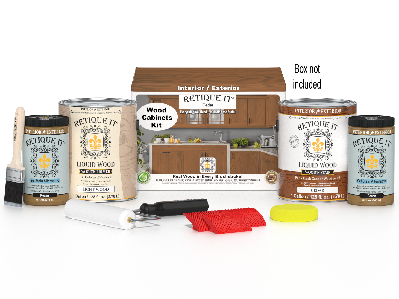 Retique It® Wood'n Cabinet Kit in cedar with stained 48 grained cabinet doors, shown with box and installation details.