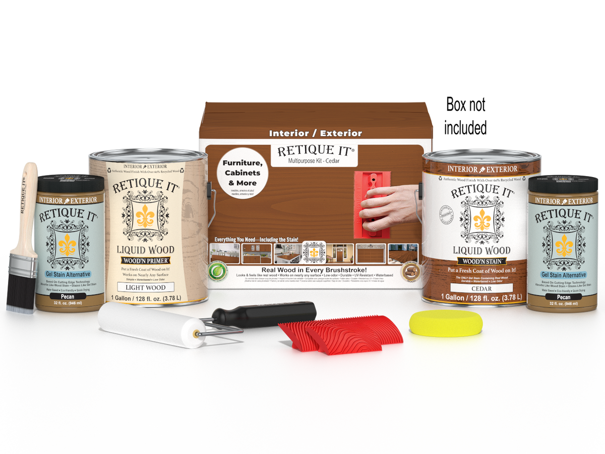 Retique It® Wood'n Finish Kit in Cedar with four large containers and applicator brushes for multi-purpose wood finishing projects.
