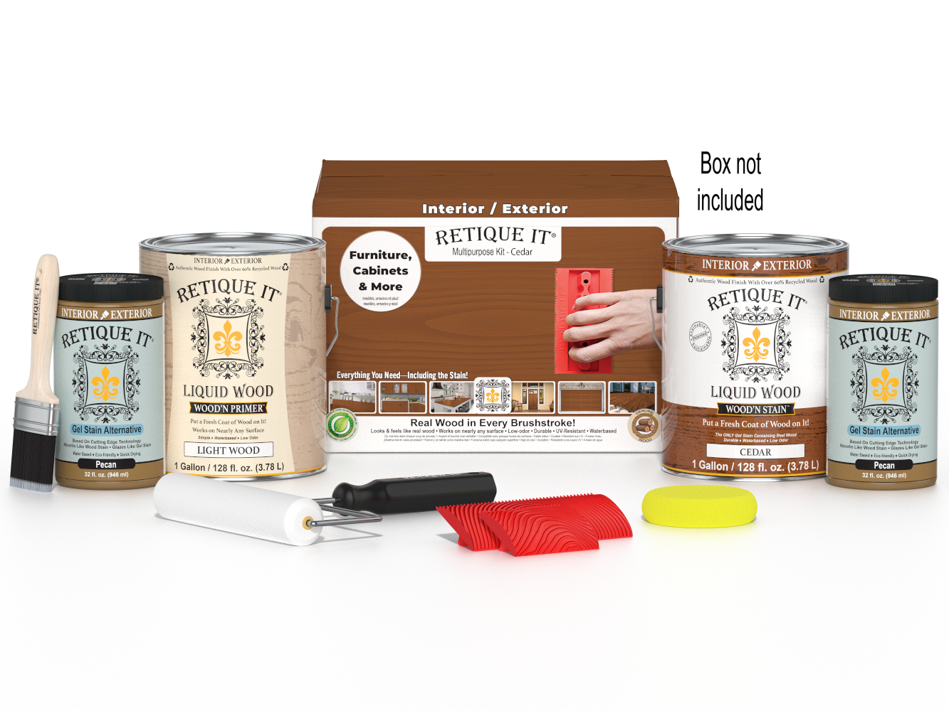 Retique It® Wood'n Finish Kit in Cedar with four large containers and applicator brushes for multi-purpose wood finishing projects.