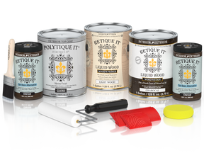 Retique It® Wood'n Finish Kit in charcoal, outdoor exterior top coat, with four large containers for wood protection and finishing.