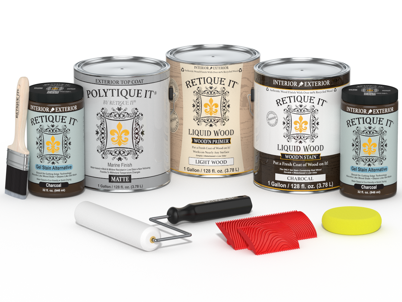 Retique It® Wood'n Finish Kit in Charcoal, exterior top coat, large multi-purpose kit with matte finish for wood projects.