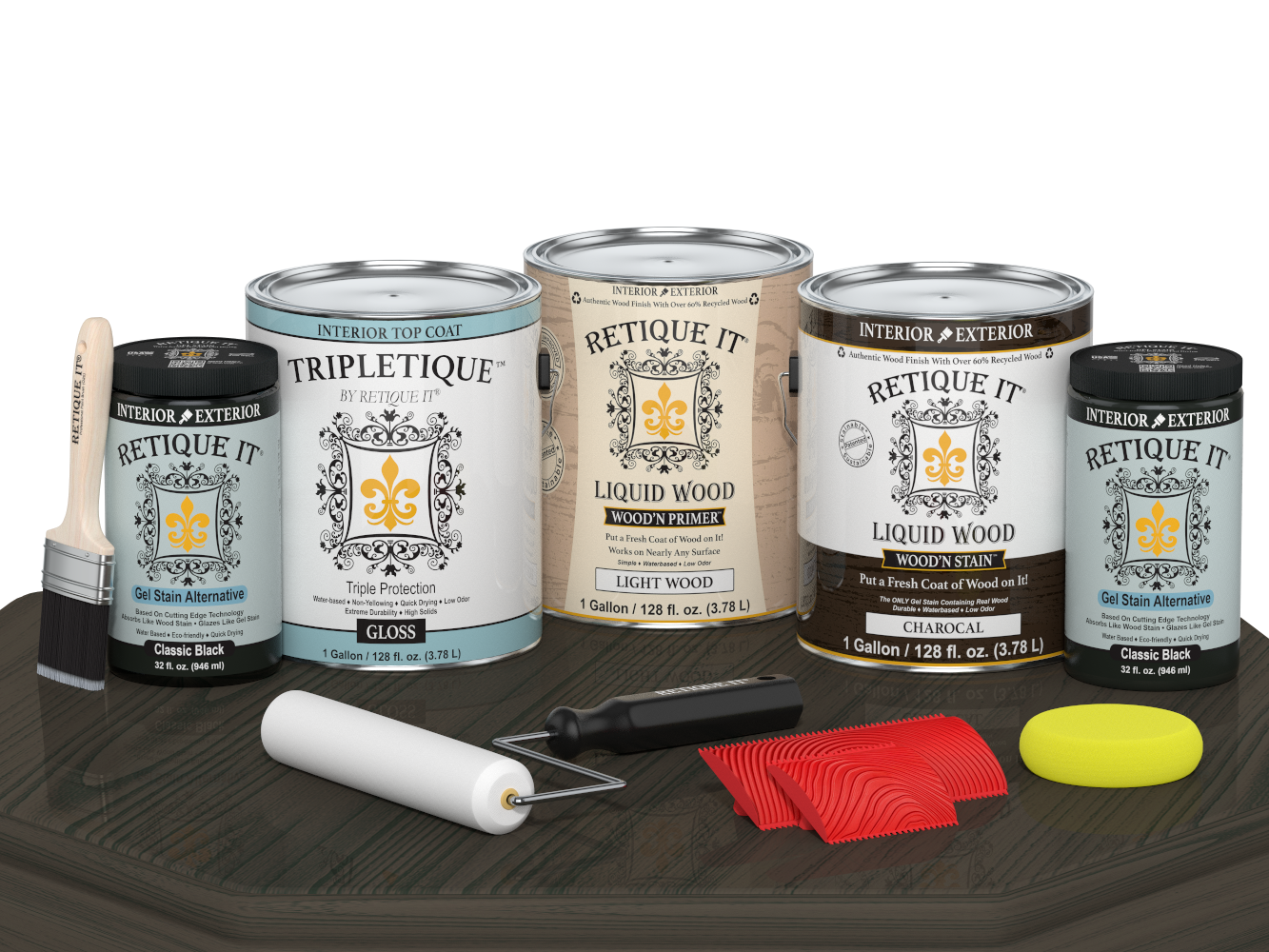 Retique It® Wood'n Cabinet Kit with 48 grained charcoal stain, glossy finish, shown on a cabinet door.