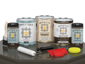 Retique It® Wood'n Finish Kit in charcoal, 4-piece interior top coat set, shown in glossy finish on wooden surface.