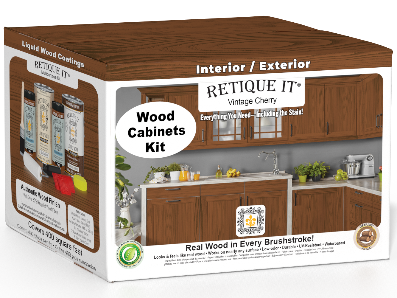 Retique It® Wood'n Cabinet Kit with vintage cherry stain, featuring 48 grained cabinet doors for a stylish kitchen upgrade.