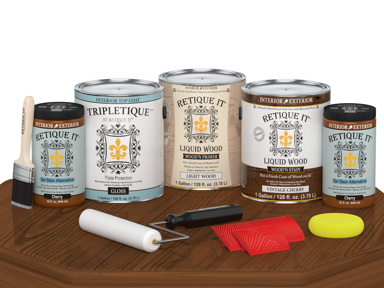 Retique It® Wood'n Cabinet Kit with vintage cherry stain, 48 grained cabinet doors, gloss finish on a table.
