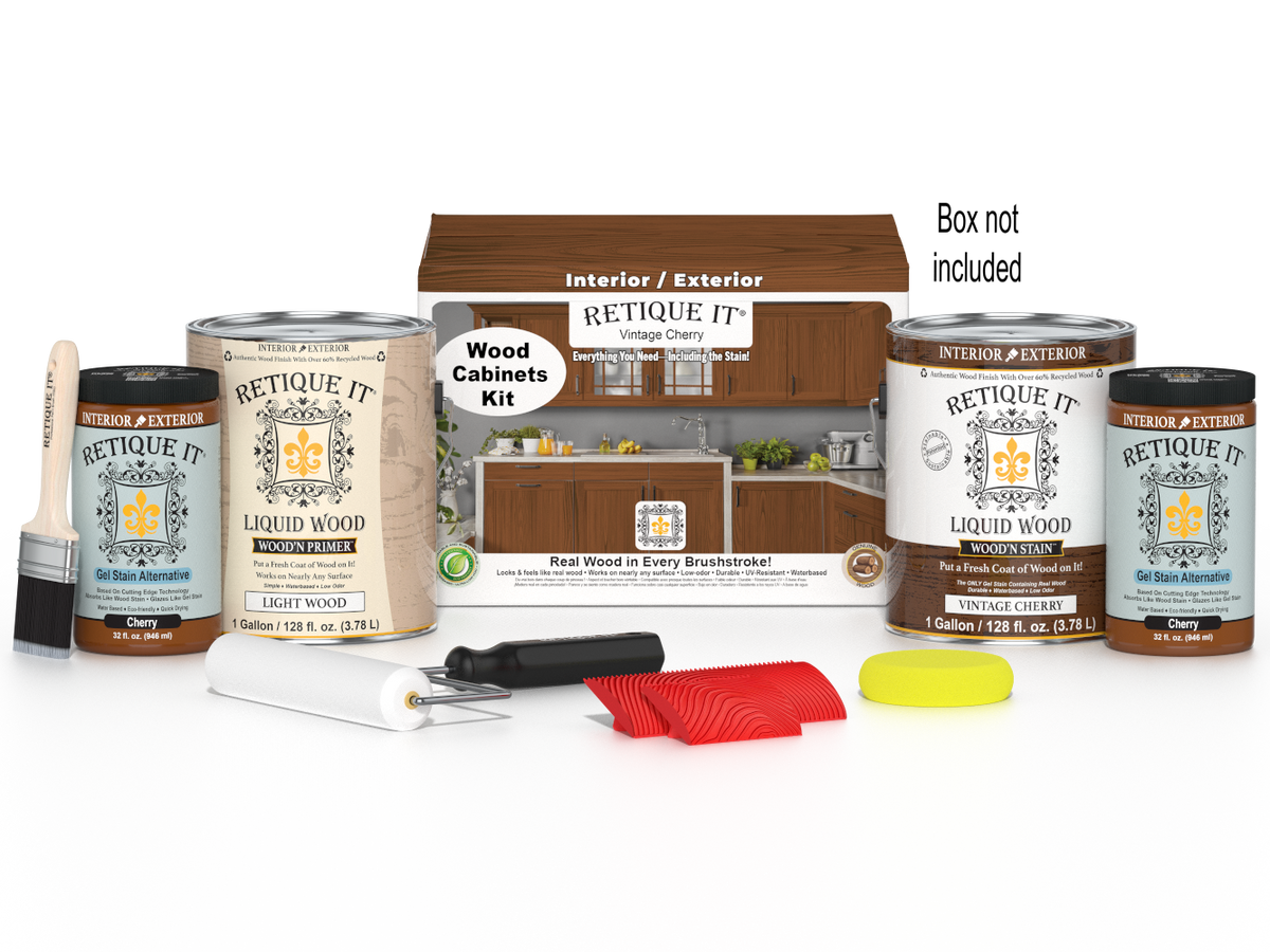 Retique It® Wood'n Cabinet Kit with 48 vintage cherry grained cabinet doors and stains, showcasing natural wood texture and finish.