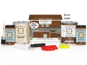 Retique It® Wood'n Cabinet Kit with 48 vintage cherry grained cabinet doors and stains, showcasing natural wood texture and finish.