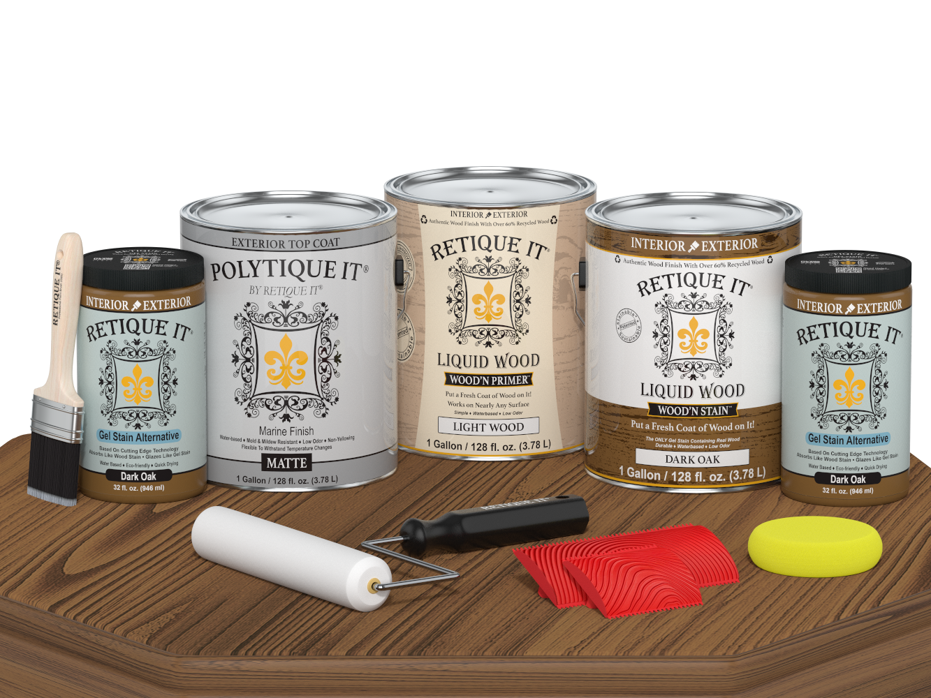 Retique It® Wood'n Finish Kit in Dark Oak with matte top coat, includes four large exterior wood finish products, displayed on a table.
