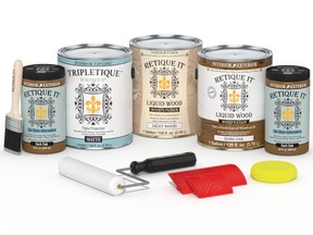 Retique It® Wood'n Finish Kit in Dark Oak with matte top coat, includes four large containers for multi-purpose wood finishing.