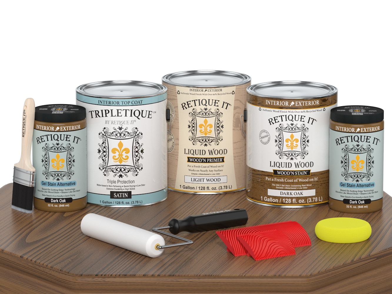 Dark oak wood finish kit with satin top coat from Retique It® Wood'n Finish Kits, shown on a table surface.