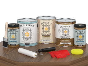 Dark oak wood finish kit with satin top coat from Retique It® Wood'n Finish Kits, shown on a table surface.